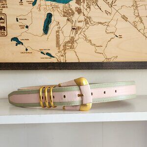 Vintage Carlisle genuine leather pink/green stripe gold hardware adjustable leng